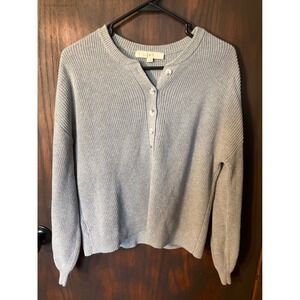 Loft Grey 100% Cotton Shaker Stitch Henley Sweater Womens Size Medium